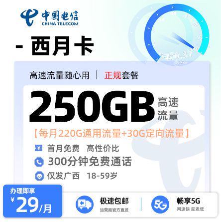 防城港电信西月卡29元享205G流量+300分钟通话